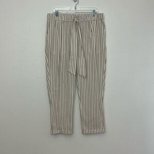 Zara White Tan Neutral Striped High Rise Ankle Pants With Tie Belt Sz XL